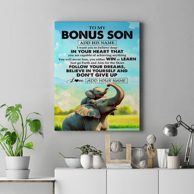 Personalized To My Bonus Son Gifts From Stepmother Stepdad Canvas Don't Give Up Elephant Gifts For Stepson Birthday Gifts Graduation Christmas Custom Art Framed Canvas | siriusteestore