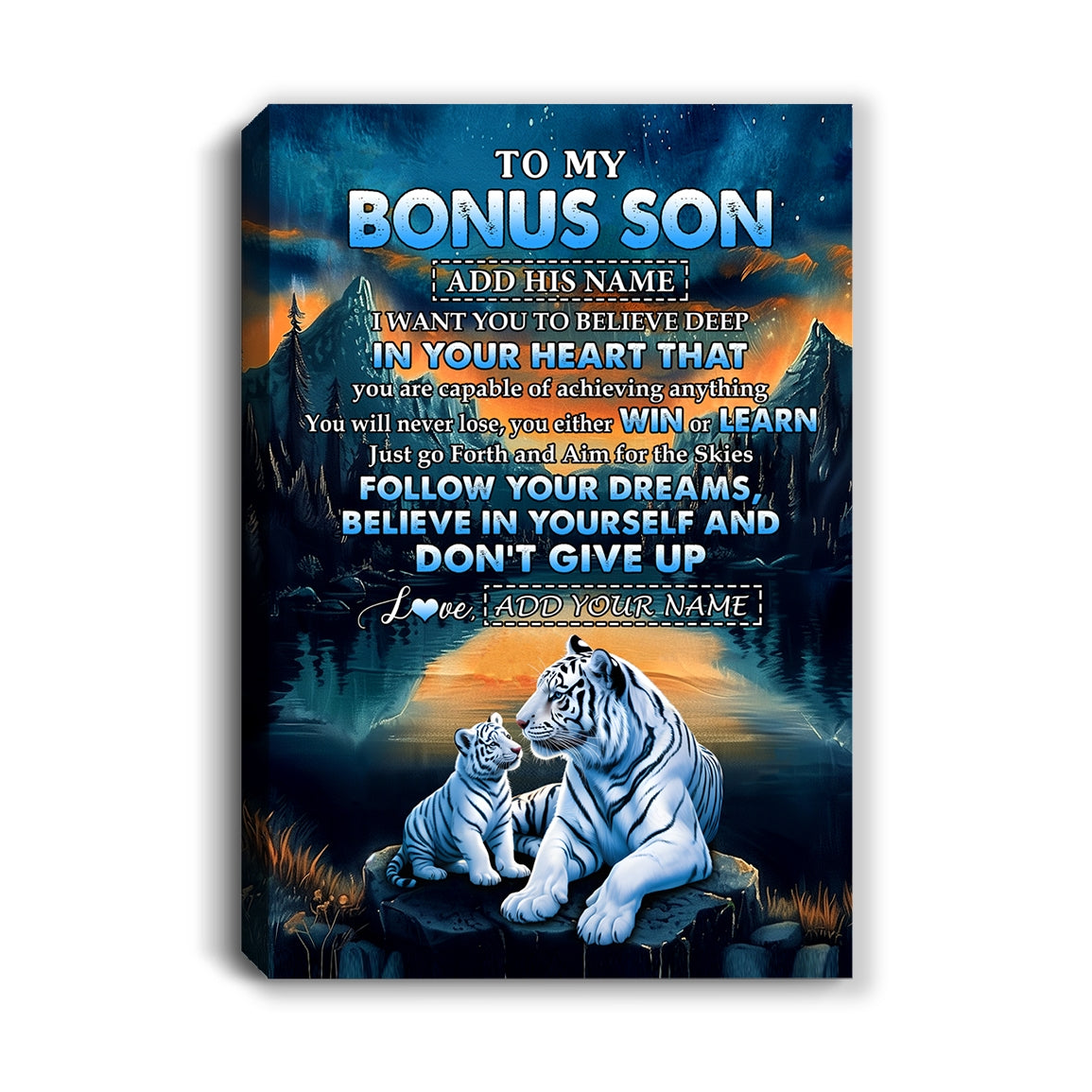 Personalized To My Bonus Son Gifts From Stepmother Stepdad Canvas Don't Give Up White Tiger Gifts For Stepson Birthday Graduation Christmas Custom Wall Art Framed Canvas | siriusteestore