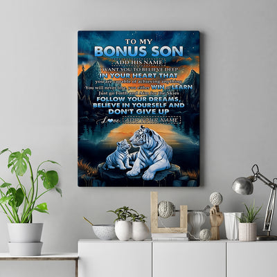 Personalized To My Bonus Son Gifts From Stepmother Stepdad Canvas Don't Give Up White Tiger Gifts For Stepson Birthday Graduation Christmas Custom Wall Art Framed Canvas | siriusteestore
