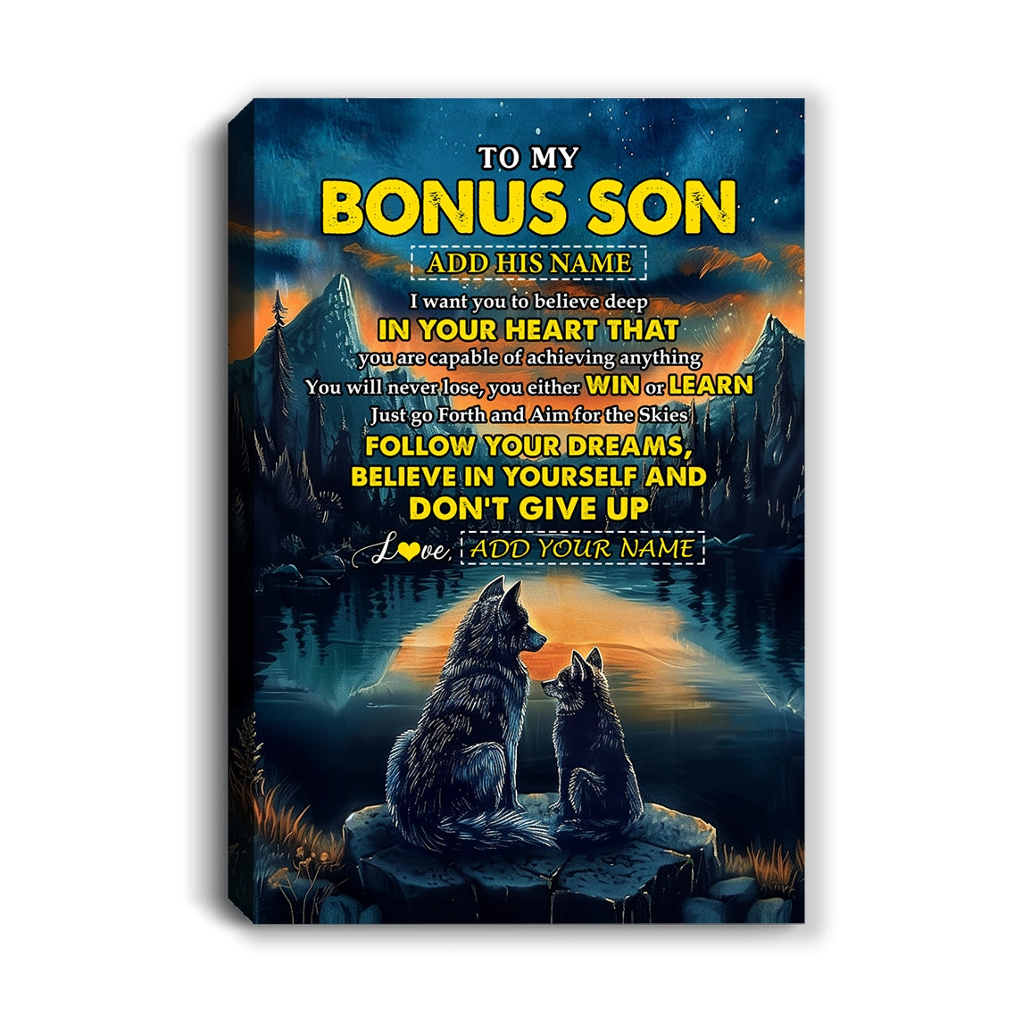 Personalized To My Bonus Son Gifts From Stepmother Stepdad Canvas Don't Give Up Wolf Gifts For Stepson Birthday Graduation Christmas Custom Wall Art Print Framed Canvas | siriusteestore