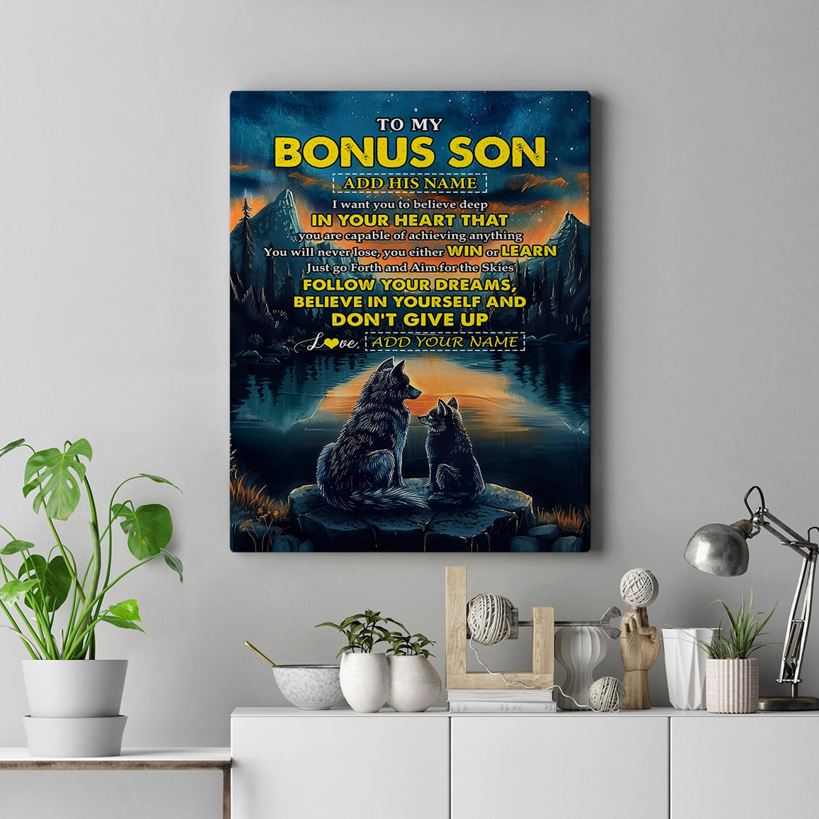 Personalized To My Bonus Son Gifts From Stepmother Stepdad Canvas Don't Give Up Wolf Gifts For Stepson Birthday Graduation Christmas Custom Wall Art Print Framed Canvas | siriusteestore