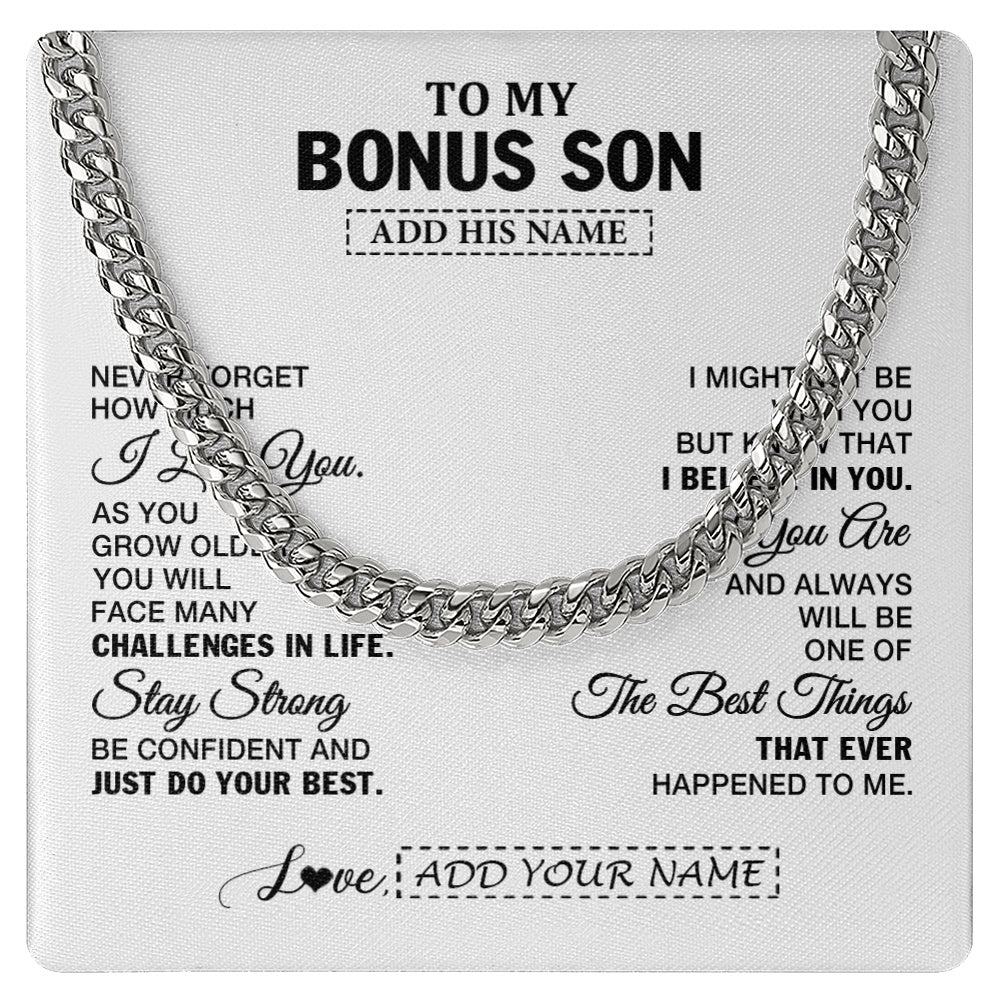 Cuban Link Chain Necklace Stainless Steel | 1 | Personalized To My Bonus Son Gifts From Stepmother Stepdad Necklace I Love You Thoughtful Keepsake Gift For Stepson Birthday Christmas Gift Box Message Card | https://siriusteestore.