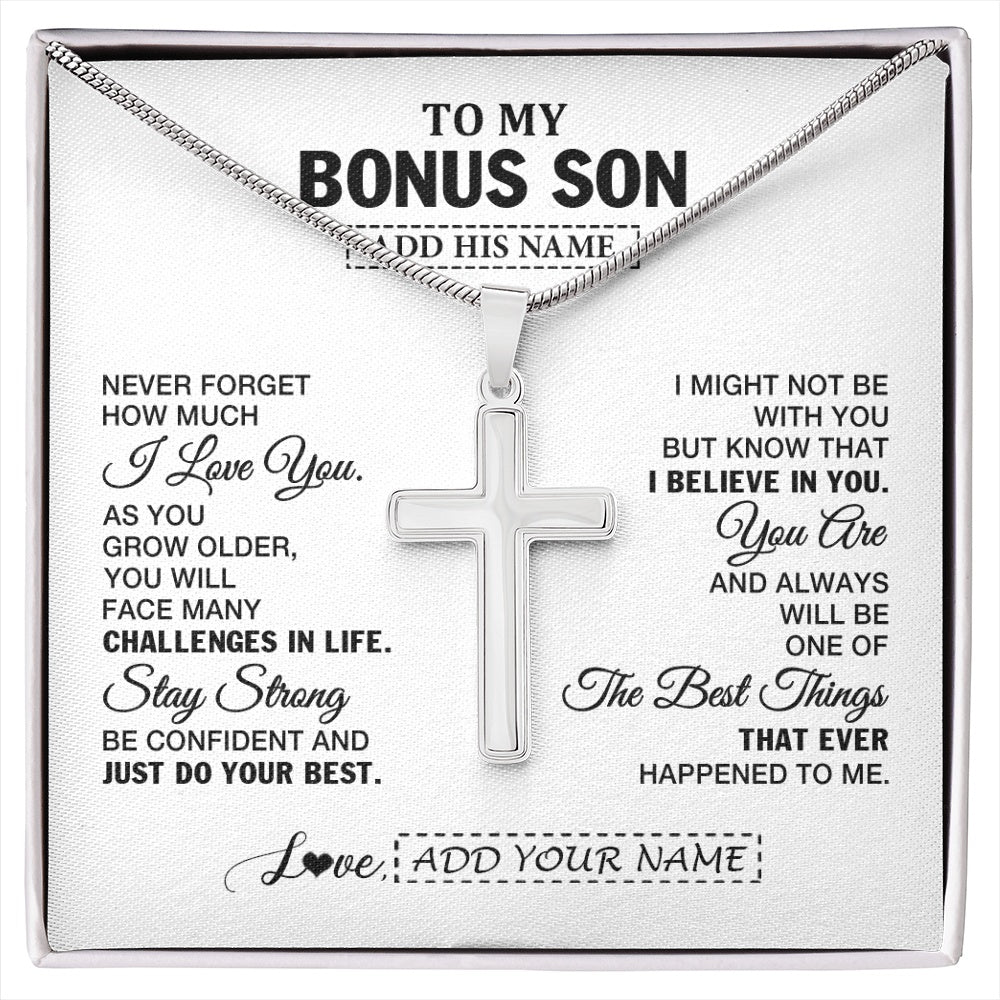 Stainless Cross Necklace Stainless Steel | 1 | Personalized To My Bonus Son Gifts From Stepmother Stepdad Necklace I Love You Thoughtful Keepsake Gift For Stepson Birthday Christmas Gift Box Message Card | https://siriusteestore.