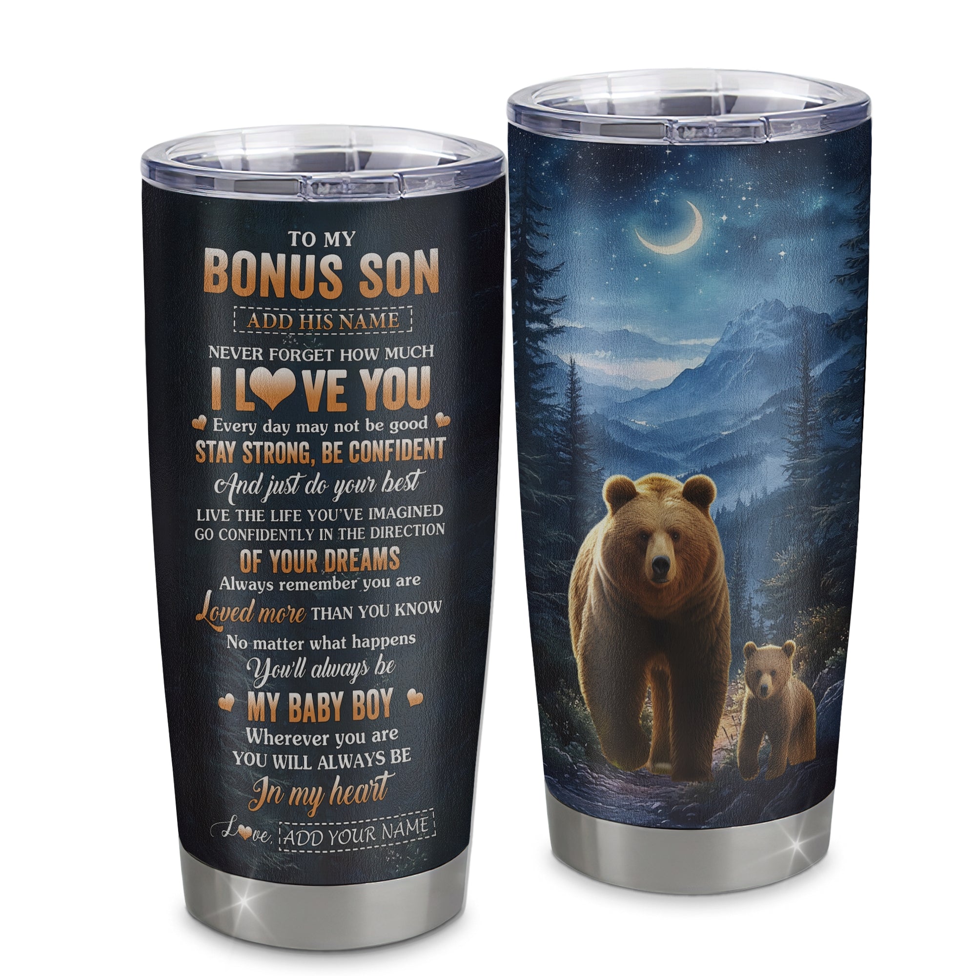 Personalized To My Bonus Son Gifts From Stepmother Stepdad Tumbler Bear Never Forget How Much I Love You Stepson Birthday Graduation Christmas Custom Cup Travel Mug | siriusteestore