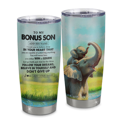 Personalized To My Bonus Son Gifts From Stepmother Stepdad Tumbler Don't Give Up Elephant Gifts For Stepson Birthday Graduation Christmas Custom Stainless Steel Mug | siriusteestore