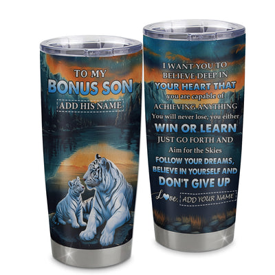 Personalized To My Bonus Son Gifts From Stepmother Stepdad Tumbler Don't Give Up White Tiger Gifts For Stepson Birthday Graduation Christmas Custom Stainless Steel Mug | siriusteestore