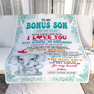 Personalized To My Bonus Son Gifts From Stepmother Stepmom Blanket Elephant Never Forget How Much I Love You Stepson Birthday Gifts Christmas Fleece Blanket | siriusteestore