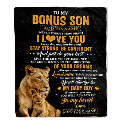 Personalized To My Bonus Son Gifts From Stepmother Stepmom Blanket Lion Never Forget How Much I Love You Stepson Birthday Graduation Christmas Fleece Blanket | siriusteestore