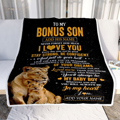 Personalized To My Bonus Son Gifts From Stepmother Stepmom Blanket Lion Never Forget How Much I Love You Stepson Birthday Graduation Christmas Fleece Blanket | siriusteestore