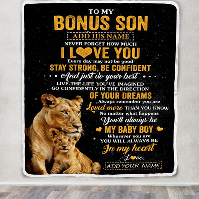 Personalized To My Bonus Son Gifts From Stepmother Stepmom Blanket Lion Never Forget How Much I Love You Stepson Birthday Graduation Christmas Fleece Blanket | siriusteestore