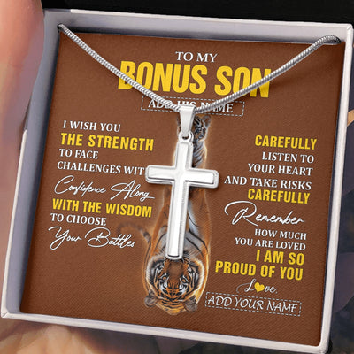 Stainless Cross Necklace Stainless Steel | 2 | Personalized To My Bonus Son Gifts Necklace From Godmother Godfather I Wish You The Strength Tiger Bonus Son Birthday Gifts Christmas Gift Box Message Card | https://siriusteestore.