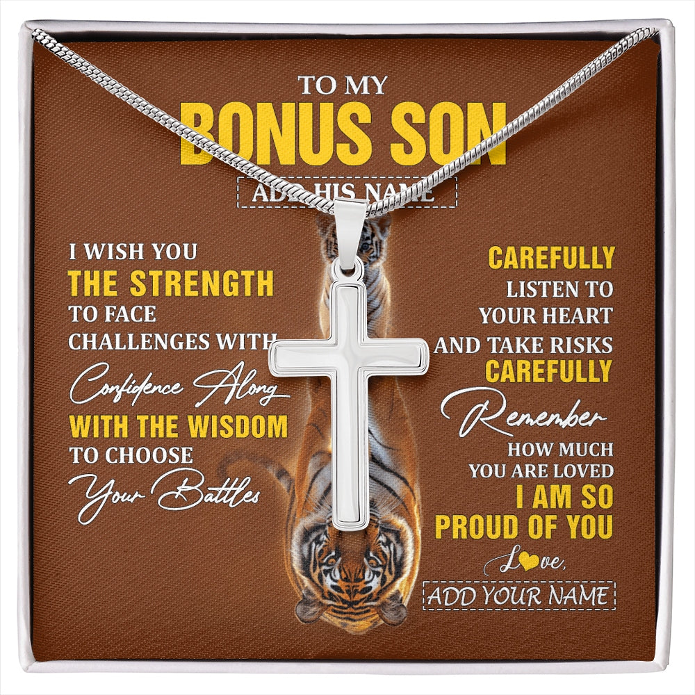 Stainless Cross Necklace Stainless Steel | 1 | Personalized To My Bonus Son Gifts Necklace From Godmother Godfather I Wish You The Strength Tiger Bonus Son Birthday Gifts Christmas Gift Box Message Card | https://siriusteestore.