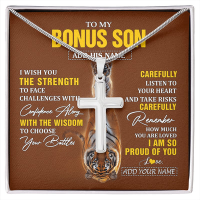 Stainless Cross Necklace Stainless Steel | 1 | Personalized To My Bonus Son Gifts Necklace From Godmother Godfather I Wish You The Strength Tiger Bonus Son Birthday Gifts Christmas Gift Box Message Card | https://siriusteestore.