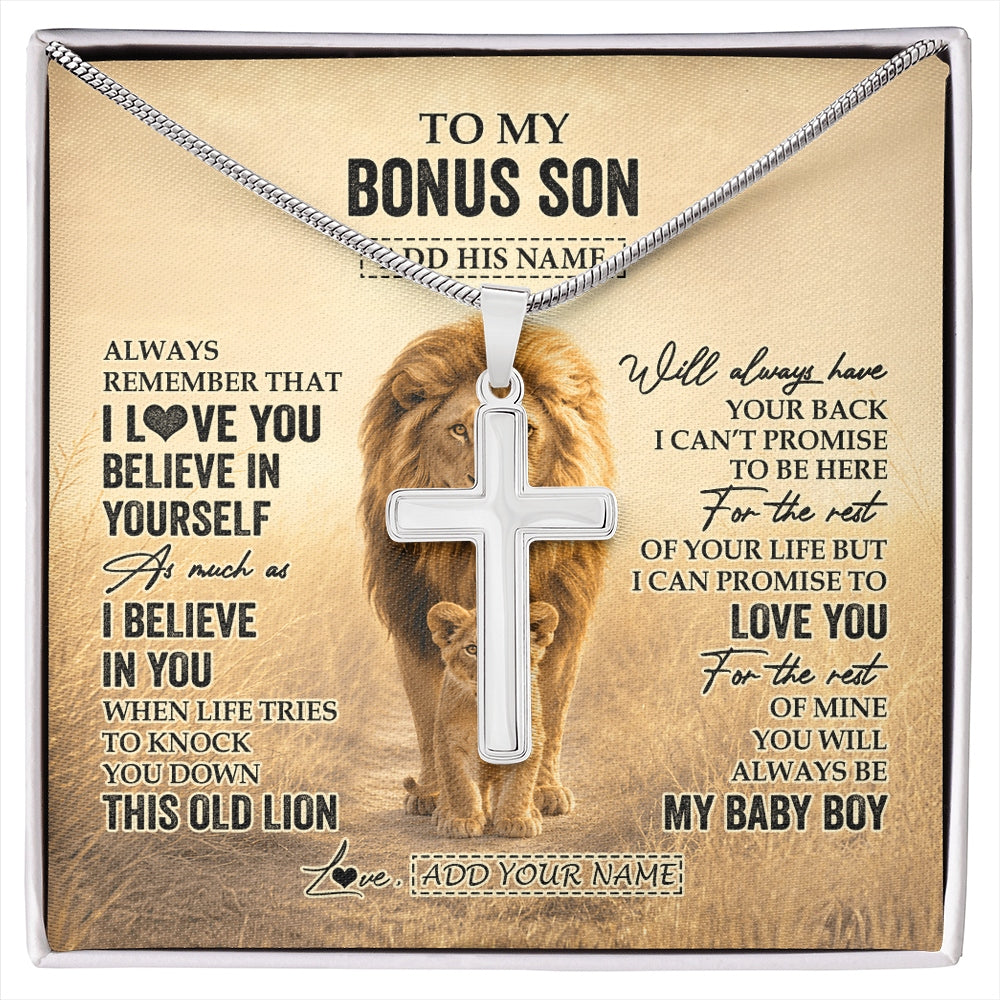Stainless Cross Necklace Stainless Steel | 1 | Personalized To My Bonus Son Gifts Necklace From Stepdad Always Remember Lion Gifts For Stepson Birthday Graduation Christmas Custom Gift Box Message Card | https://siriusteestore.