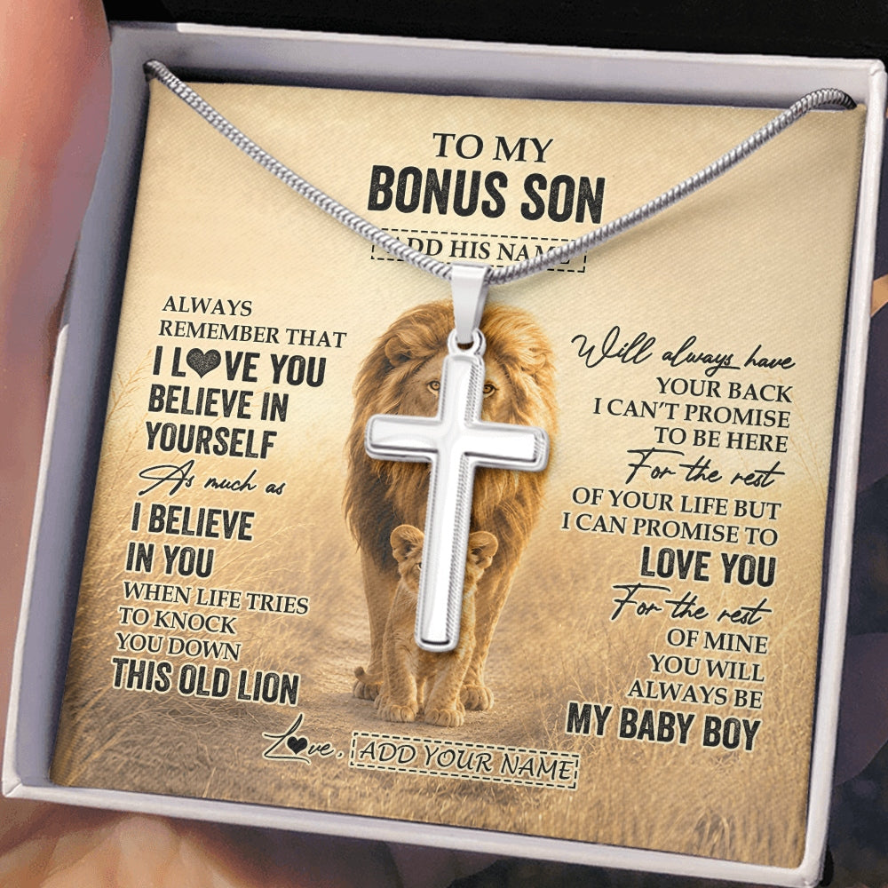 Stainless Cross Necklace Stainless Steel | 2 | Personalized To My Bonus Son Gifts Necklace From Stepdad Always Remember Lion Gifts For Stepson Birthday Graduation Christmas Custom Gift Box Message Card | https://siriusteestore.