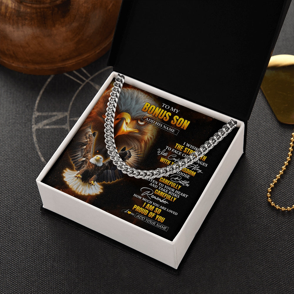 Cuban Link Chain Necklace Stainless Steel | 2 | Personalized To My Bonus Son Gifts Necklace From Stepdad I Wish You The Strength Eagle Stepson Birthday Gifts Christmas Graduation Custom Gift Box Message Card | https://siriusteestore.