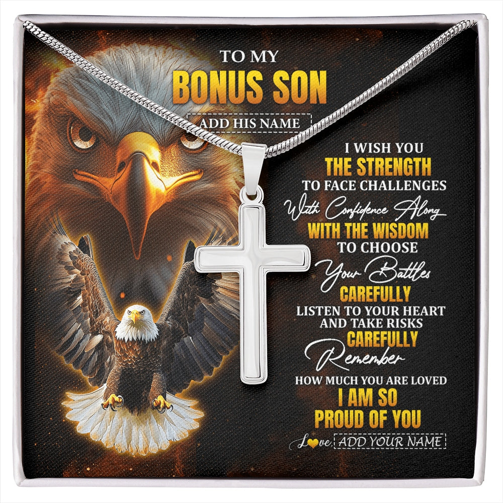 Stainless Cross Necklace Stainless Steel | 1 | Personalized To My Bonus Son Gifts Necklace From Stepdad I Wish You The Strength Eagle Stepson Birthday Gifts Christmas Graduation Custom Gift Box Message Card | https://siriusteestore.