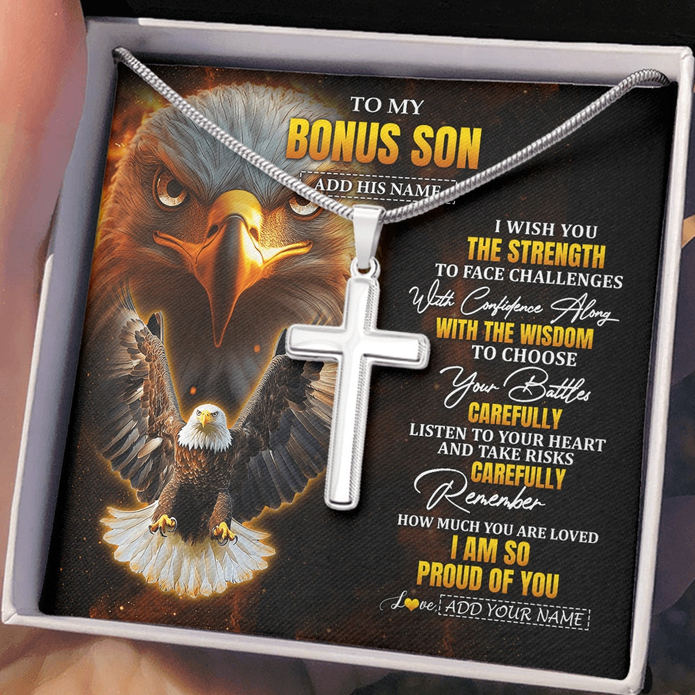 Stainless Cross Necklace Stainless Steel | 2 | Personalized To My Bonus Son Gifts Necklace From Stepdad I Wish You The Strength Eagle Stepson Birthday Gifts Christmas Graduation Custom Gift Box Message Card | https://siriusteestore.