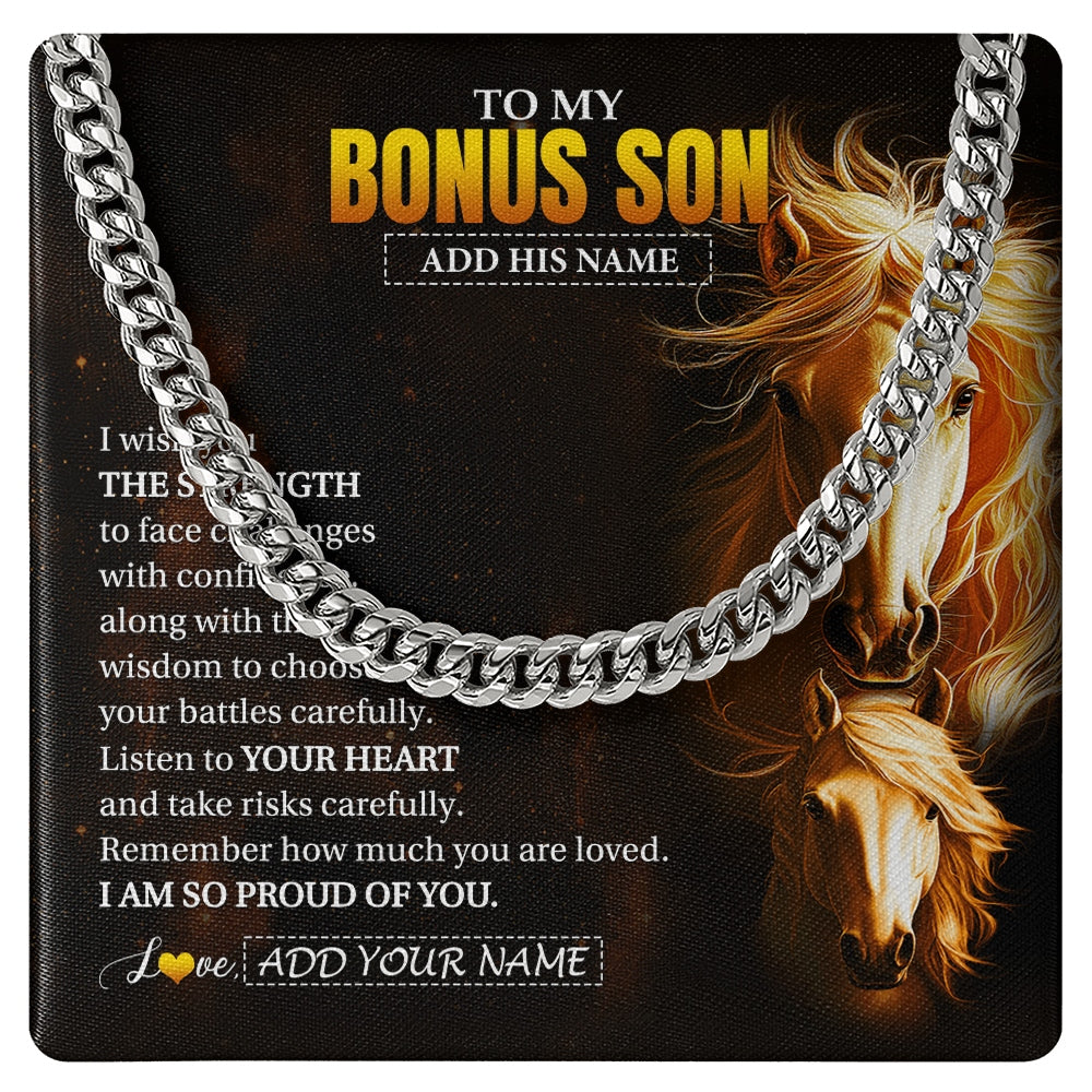 Cuban Link Chain Necklace Stainless Steel | 1 | Personalized To My Bonus Son Gifts Necklace From Stepdad I Wish You The Strength Horse Stepson Birthday Gifts Christmas Graduation Gift Box Message Card | https://siriusteestore.