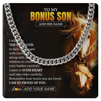 Cuban Link Chain Necklace Stainless Steel | 1 | Personalized To My Bonus Son Gifts Necklace From Stepdad I Wish You The Strength Horse Stepson Birthday Gifts Christmas Graduation Gift Box Message Card | https://siriusteestore.