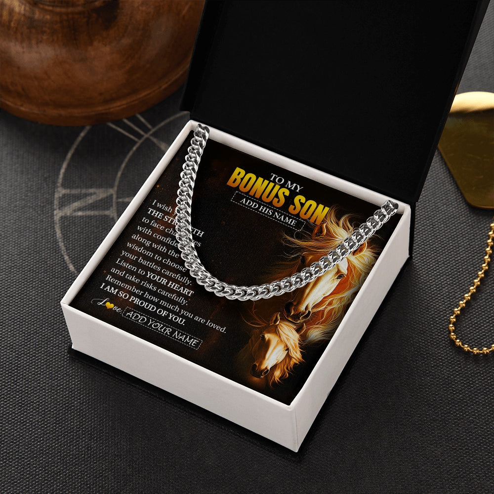 Cuban Link Chain Necklace Stainless Steel | 2 | Personalized To My Bonus Son Gifts Necklace From Stepdad I Wish You The Strength Horse Stepson Birthday Gifts Christmas Graduation Gift Box Message Card | https://siriusteestore.