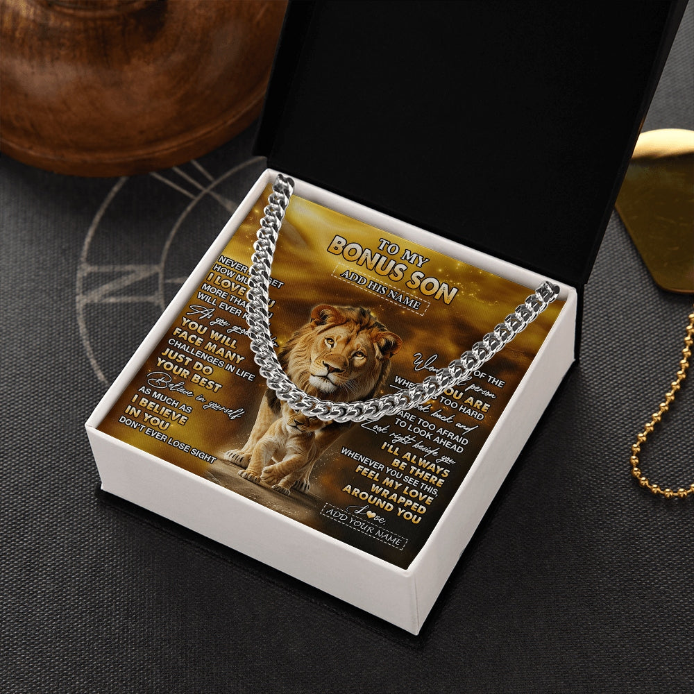 Cuban Link Chain Necklace Stainless Steel | 2 | Personalized To My Bonus Son Gifts Necklace From Stepdad Never Forget How Much I Love You Lion StepSon Birthday Gifts Christmas Custom Gift Box Message Card | https://siriusteestore.