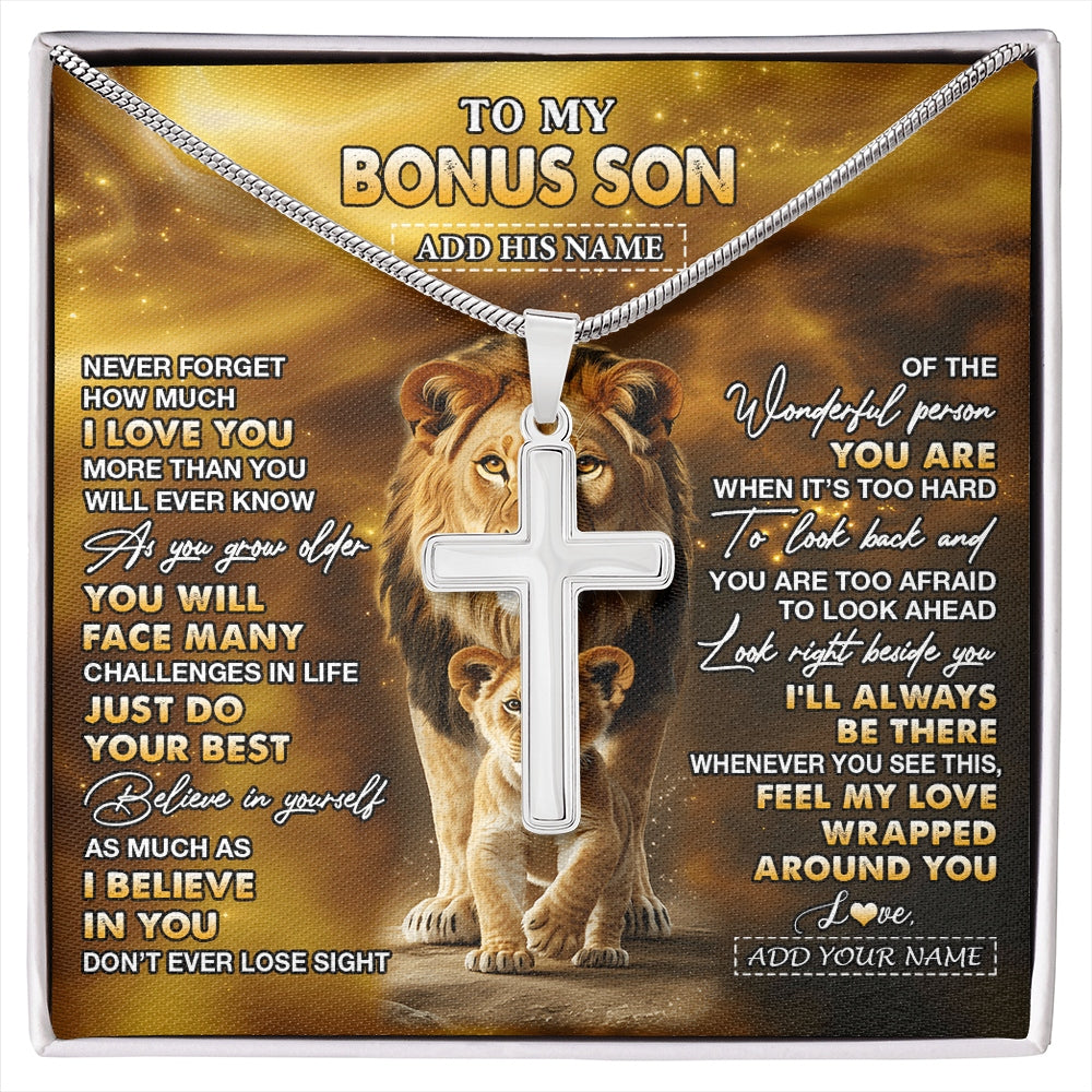 Stainless Cross Necklace Stainless Steel | 1 | Personalized To My Bonus Son Gifts Necklace From Stepdad Never Forget How Much I Love You Lion StepSon Birthday Gifts Christmas Custom Gift Box Message Card | https://siriusteestore.