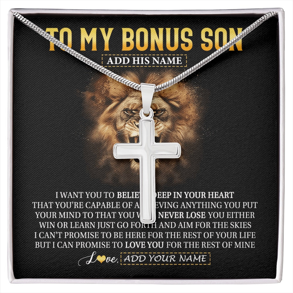 Stainless Cross Necklace Stainless Steel | 1 | Personalized To My Bonus Son Gifts Necklace From Stepdad Stepmom Believe In Your Heart Lion Stepson Birthday Gifts Graduation Christmas Gift Box Message Card | https://siriusteestore.