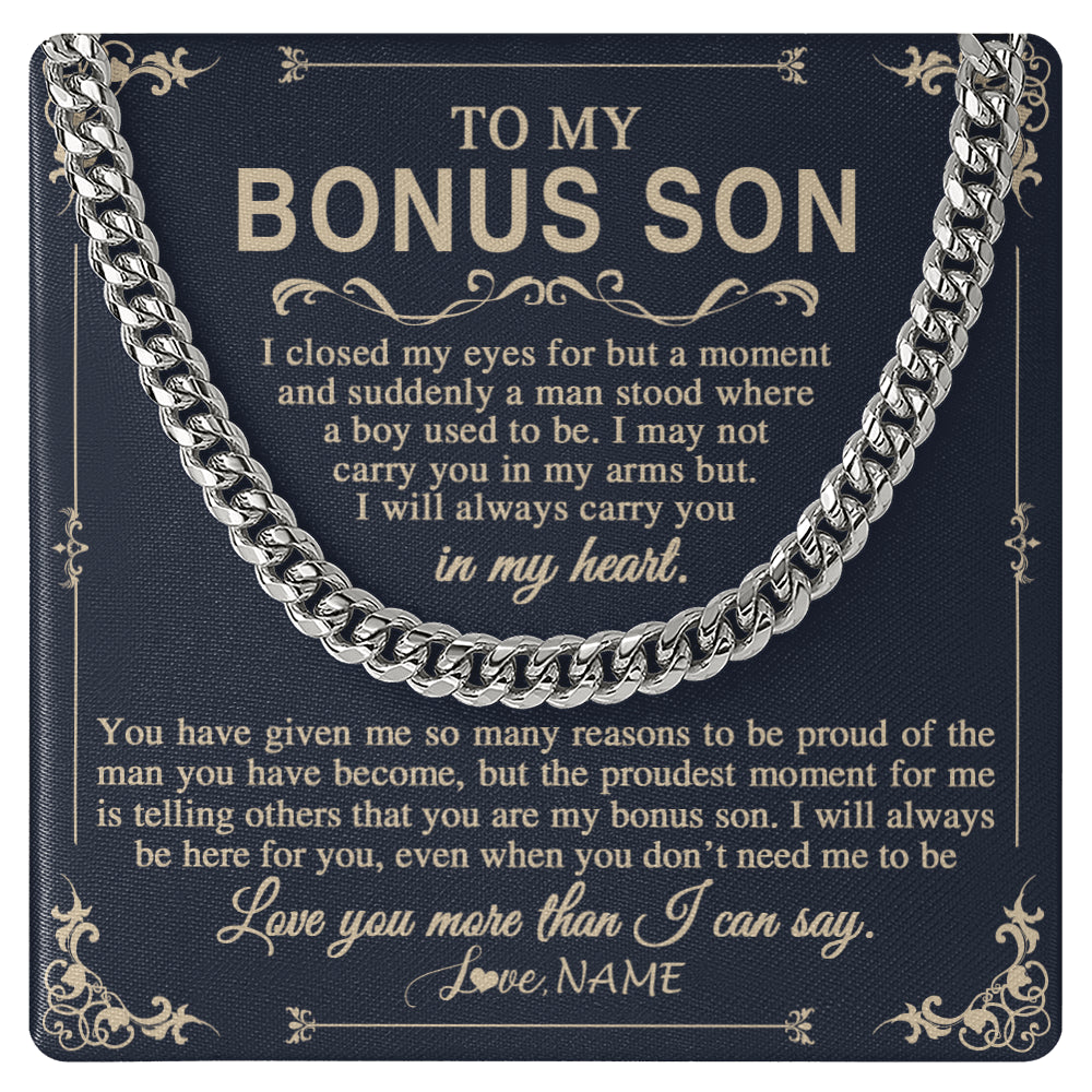 Cuban Link Chain Necklace Stainless Steel | 1 | Personalized To My Bonus Son Gifts Necklace From Stepdad Stepmom I Closed My Eyes Gift For Stepson Birthday Jewelry For Men Christmas Gift Box Message Card | siriusteestore