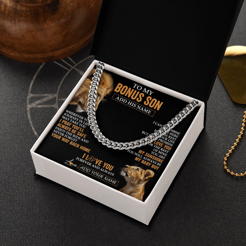 Cuban Link Chain Necklace Stainless Steel | 2 | Personalized To My Bonus Son Gifts Necklace From Stepdad Wherever Your Journey In Life Lion StepSon Birthday Gifts Christmas Custom Gift Box Message Card | https://siriusteestore.
