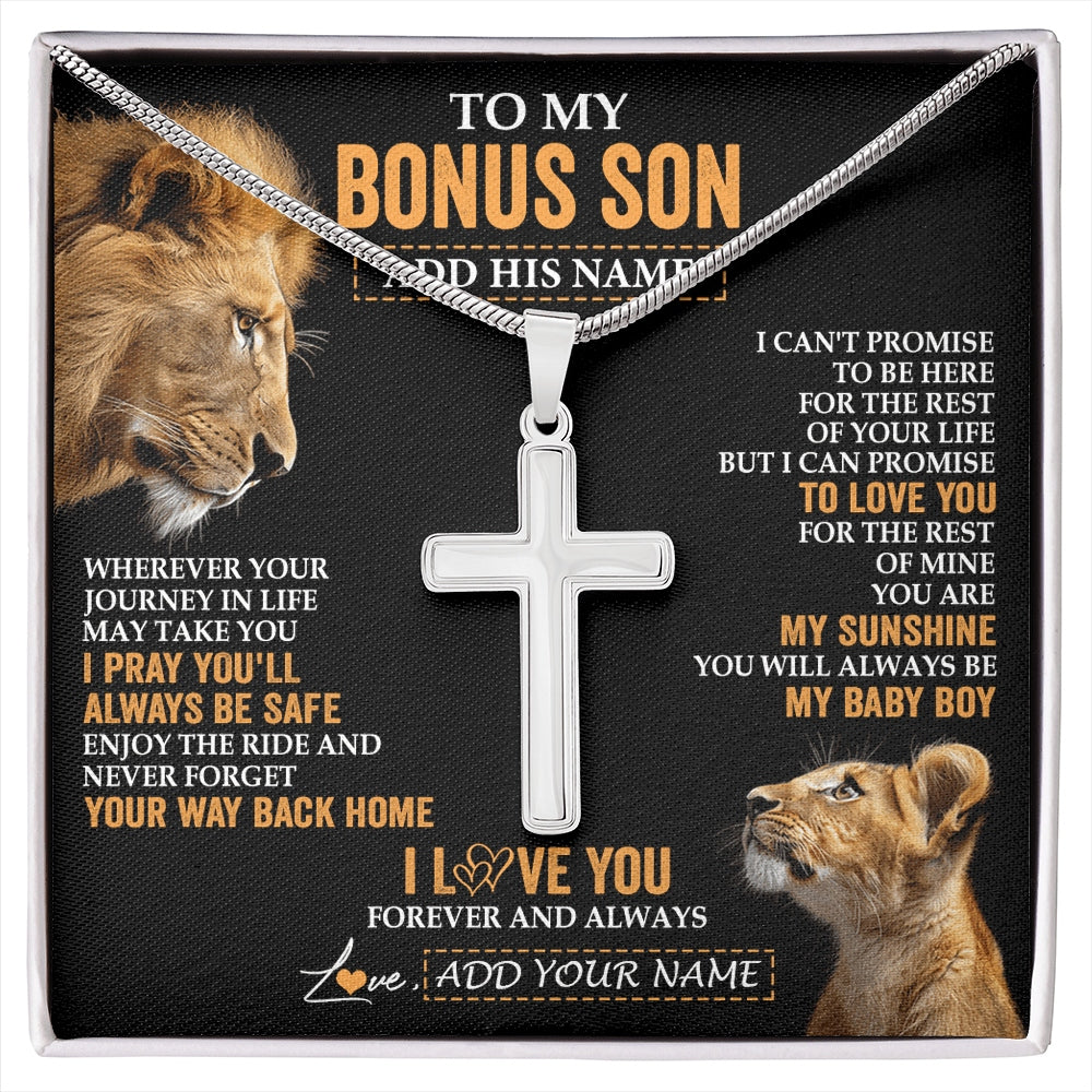 Stainless Cross Necklace Stainless Steel | 1 | Personalized To My Bonus Son Gifts Necklace From Stepdad Wherever Your Journey In Life Lion StepSon Birthday Gifts Christmas Custom Gift Box Message Card | https://siriusteestore.