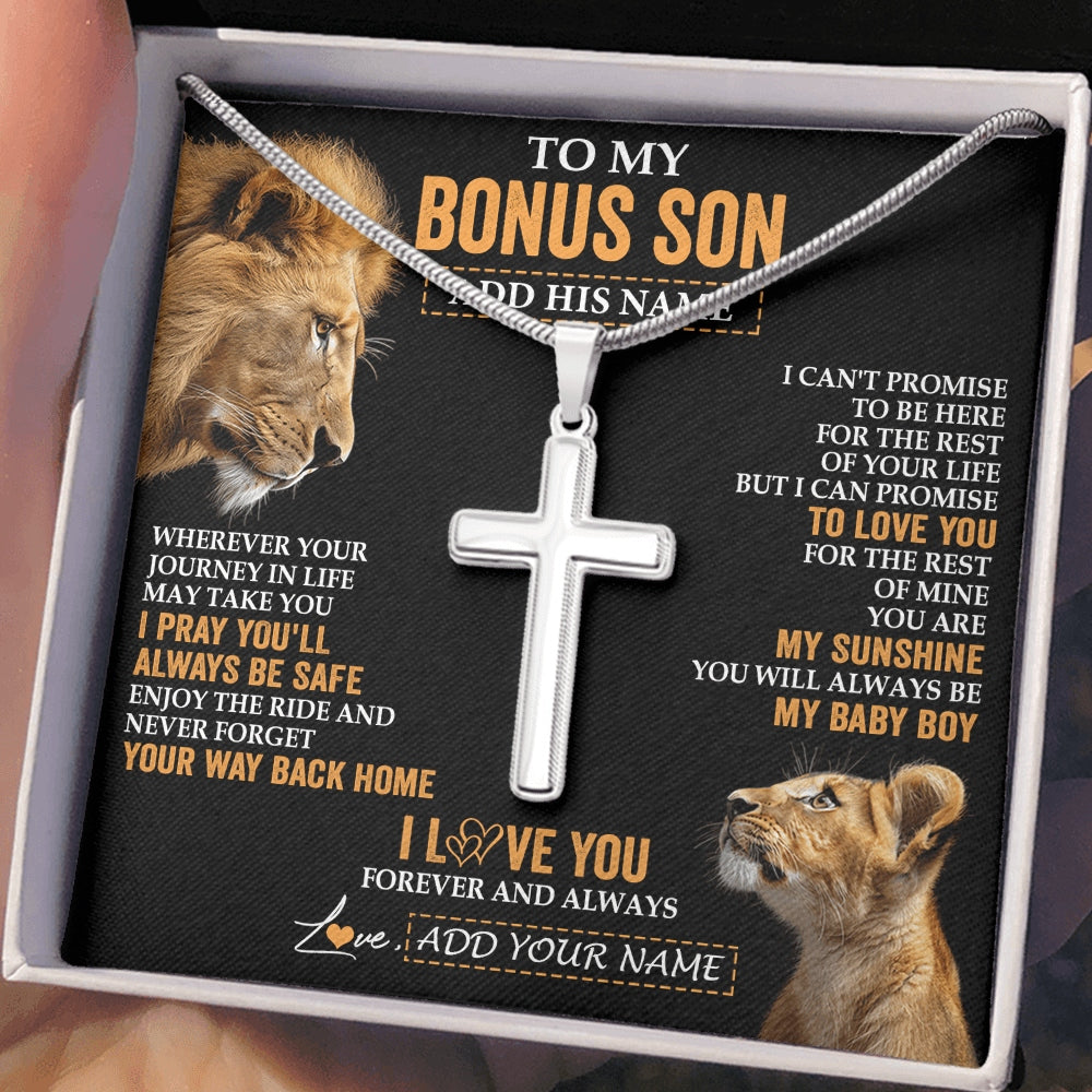 Stainless Cross Necklace Stainless Steel | 2 | Personalized To My Bonus Son Gifts Necklace From Stepdad Wherever Your Journey In Life Lion StepSon Birthday Gifts Christmas Custom Gift Box Message Card | https://siriusteestore.