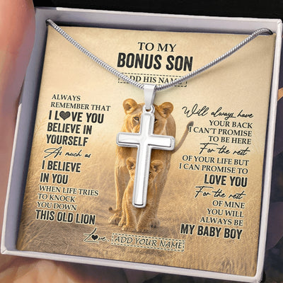 Stainless Cross Necklace Stainless Steel | 2 | Personalized To My Bonus Son Gifts Necklace From Stepmom Always Remember Lion Gifts For Stepson Birthday Graduation Christmas Custom Gift Box Message Card | https://siriusteestore.