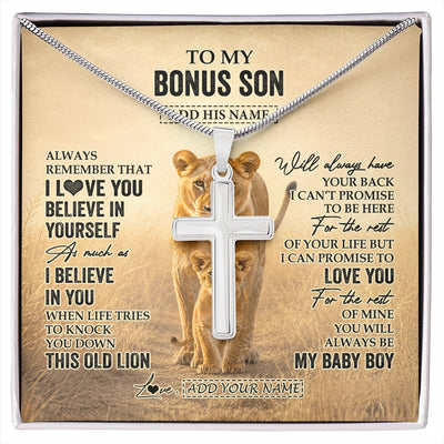 Stainless Cross Necklace Stainless Steel | 1 | Personalized To My Bonus Son Gifts Necklace From Stepmom Always Remember Lion Gifts For Stepson Birthday Graduation Christmas Custom Gift Box Message Card | https://siriusteestore.