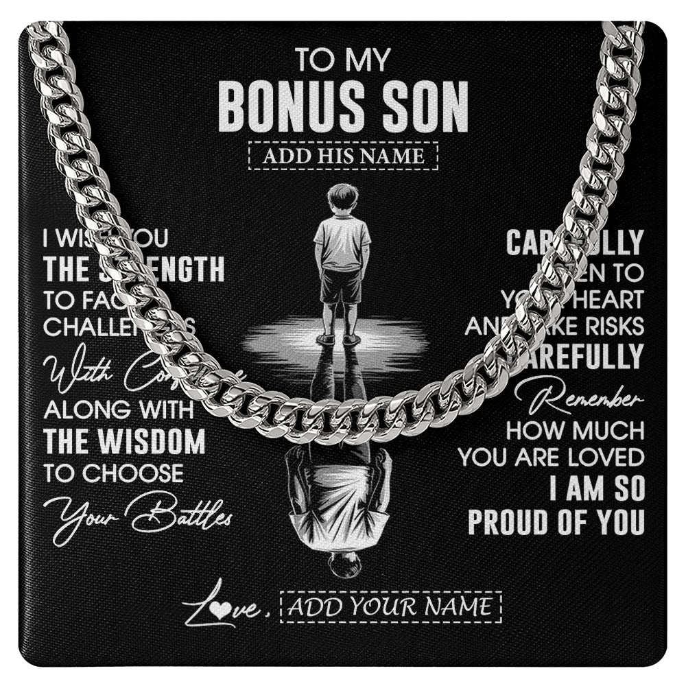 Cuban Link Chain Necklace Stainless Steel | 1 | Personalized To My Bonus Son Gifts Necklace From Stepmom I Wish You The Strength Stepson Birthday Gifts Christmas Graduation Custom Gift Box Message Card | https://siriusteestore.