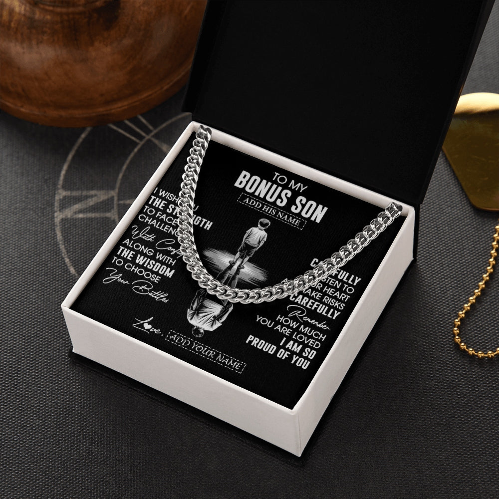 Cuban Link Chain Necklace Stainless Steel | 2 | Personalized To My Bonus Son Gifts Necklace From Stepmom I Wish You The Strength Stepson Birthday Gifts Christmas Graduation Custom Gift Box Message Card | https://siriusteestore.