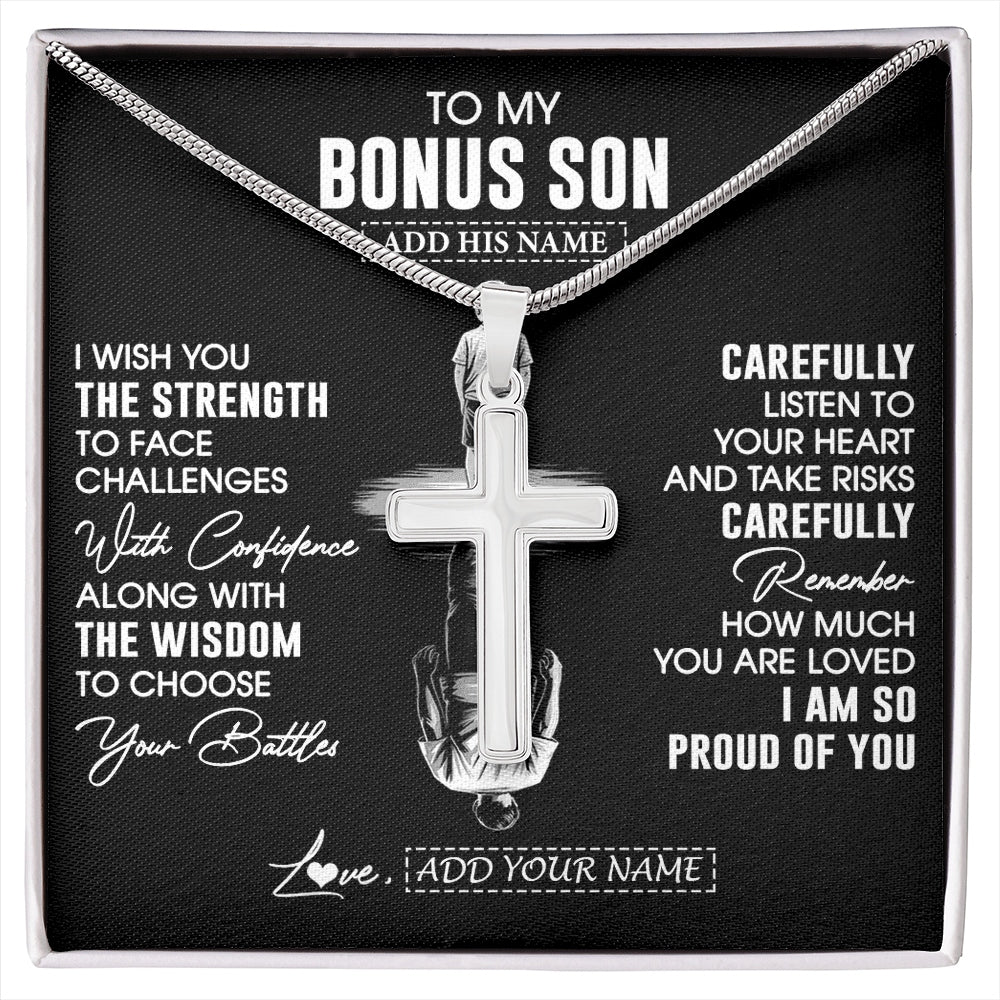 Stainless Cross Necklace Stainless Steel | 1 | Personalized To My Bonus Son Gifts Necklace From Stepmom I Wish You The Strength Stepson Birthday Gifts Christmas Graduation Custom Gift Box Message Card | https://siriusteestore.