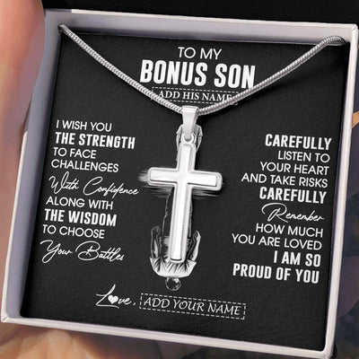 Stainless Cross Necklace Stainless Steel | 2 | Personalized To My Bonus Son Gifts Necklace From Stepmom I Wish You The Strength Stepson Birthday Gifts Christmas Graduation Custom Gift Box Message Card | https://siriusteestore.