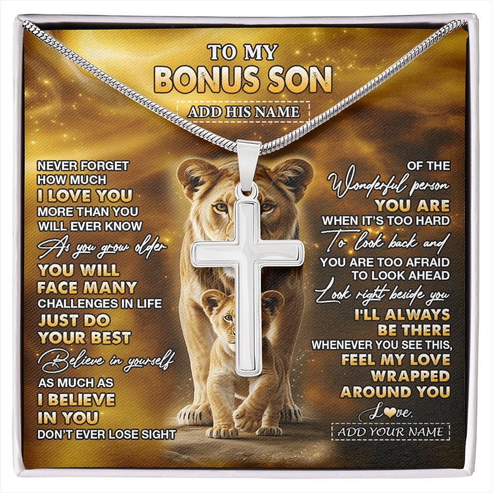 Stainless Cross Necklace Stainless Steel | 1 | Personalized To My Bonus Son Gifts Necklace From Stepmom Never Forget How Much I Love You Lion StepSon Birthday Gifts Christmas Custom Gift Box Message Card | https://siriusteestore.