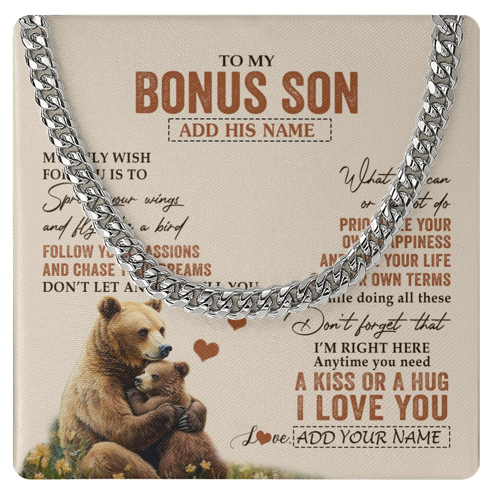 Cuban Link Chain Necklace Stainless Steel | 1 | Personalized To My Bonus Son Gifts Necklace From Stepmom Stepdad Bear My Only Wish For You Stepson Birthday Gifts Graduation Christmas Gift Box Message Card | siriusteestore.myshopify