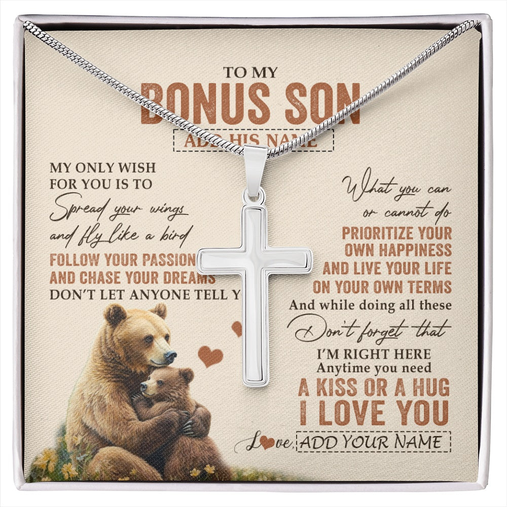 Stainless Cross Necklace Stainless Steel | 1 | Personalized To My Bonus Son Gifts Necklace From Stepmom Stepdad Bear My Only Wish For You Stepson Birthday Gifts Graduation Christmas Gift Box Message Card | siriusteestore.myshopify