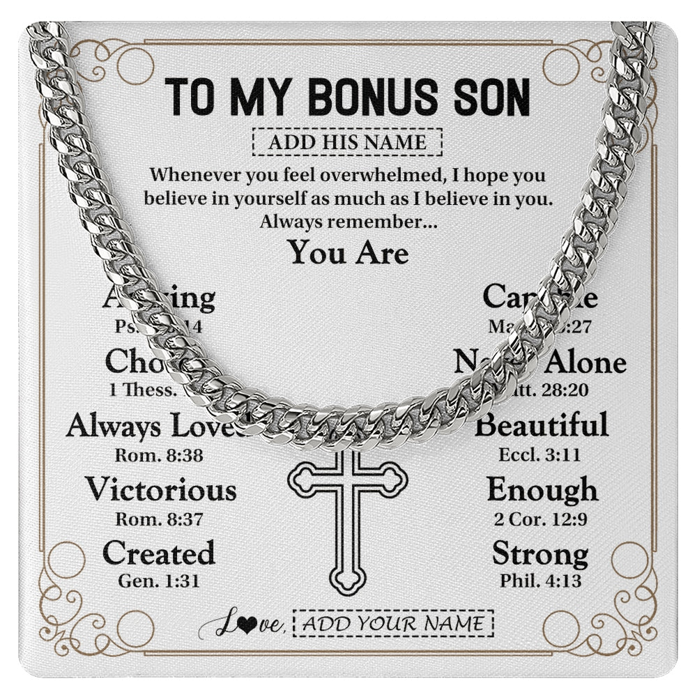 Cuban Link Chain Necklace Stainless Steel | 1 | Personalized To My Bonus Son Gifts Necklace From Stepmom Stepdad Christ Christian Gifts For Stepson Birthday Christmas Graduation Custom Gift Box Message Card | https://siriusteestore.
