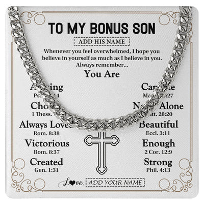 Cuban Link Chain Necklace Stainless Steel | 1 | Personalized To My Bonus Son Gifts Necklace From Stepmom Stepdad Christ Christian Gifts For Stepson Birthday Christmas Graduation Custom Gift Box Message Card | https://siriusteestore.