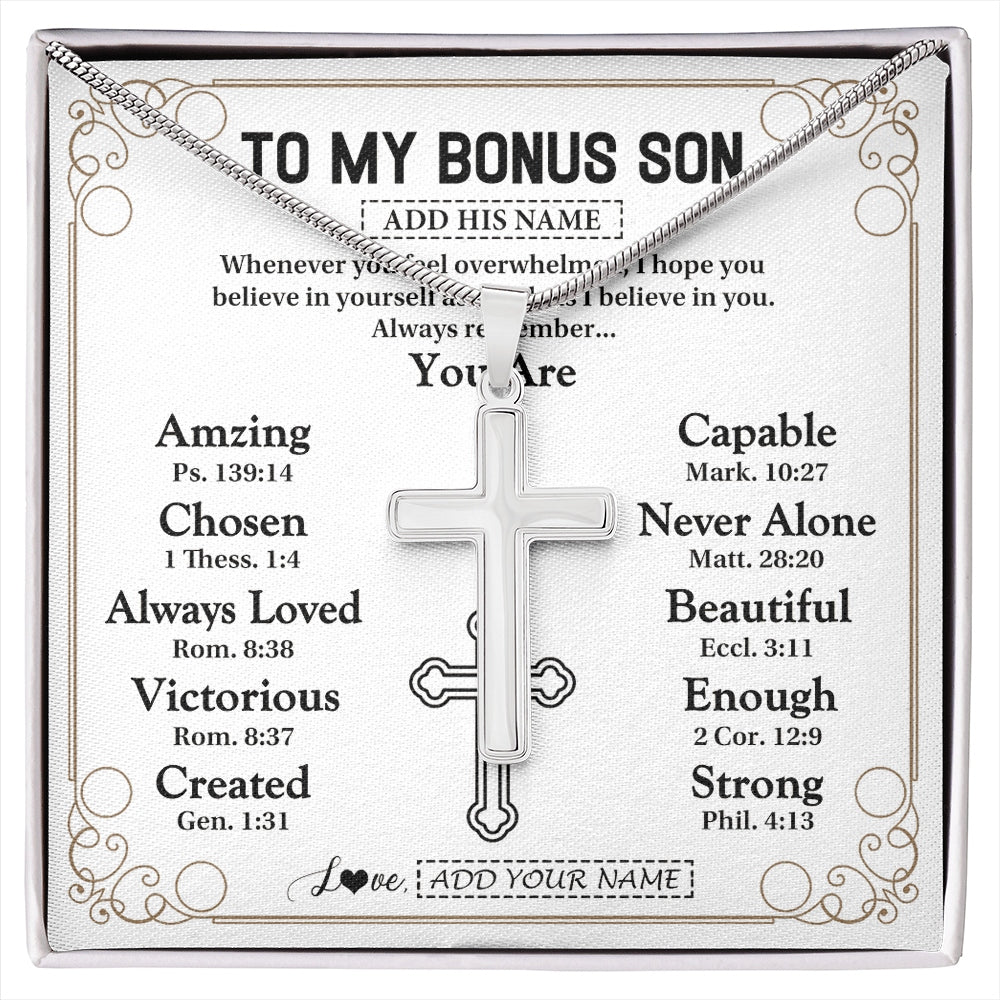 Stainless Cross Necklace Stainless Steel | 1 | Personalized To My Bonus Son Gifts Necklace From Stepmom Stepdad Christ Christian Gifts For Stepson Birthday Christmas Graduation Custom Gift Box Message Card | https://siriusteestore.