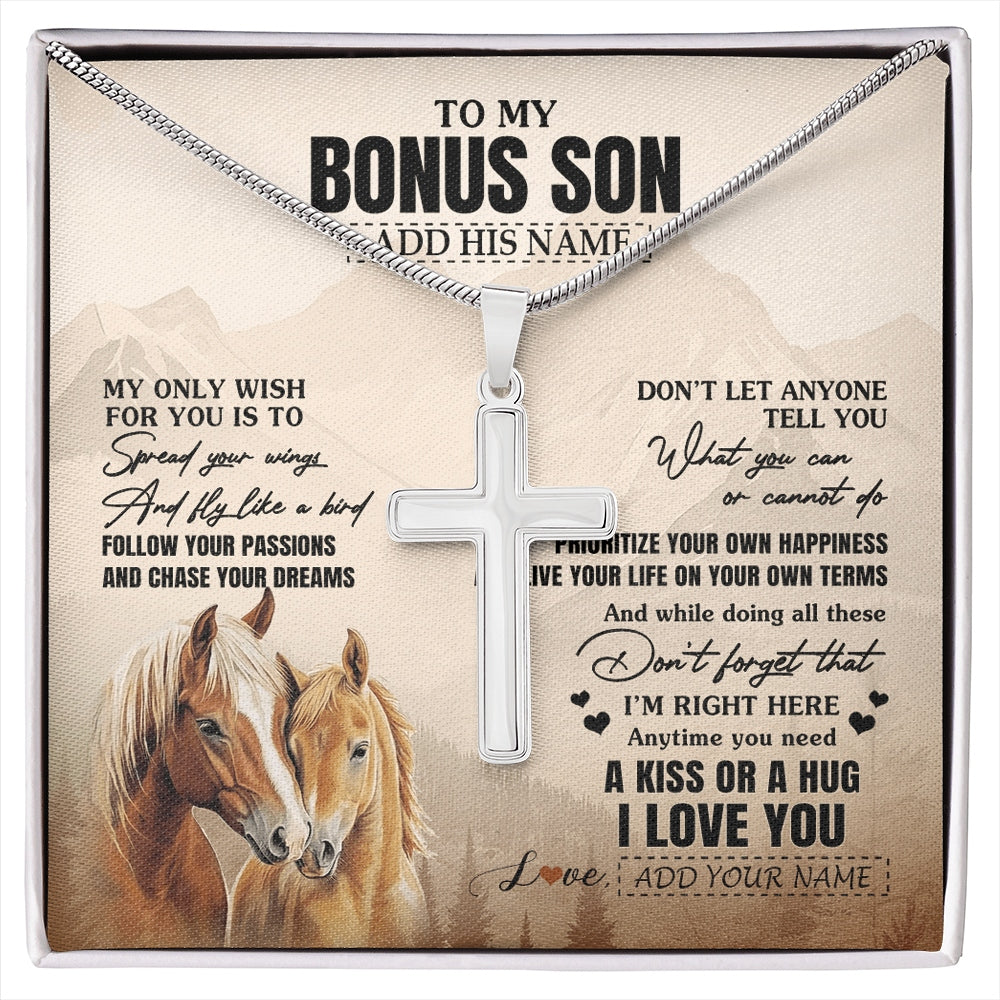 Stainless Cross Necklace Stainless Steel | 1 | Personalized To My Bonus Son Gifts Necklace From Stepmom Stepdad Horse My Only Wish For You Stepson Birthday Gifts Graduation Christmas Gift Box Message Card | https://siriusteestore.
