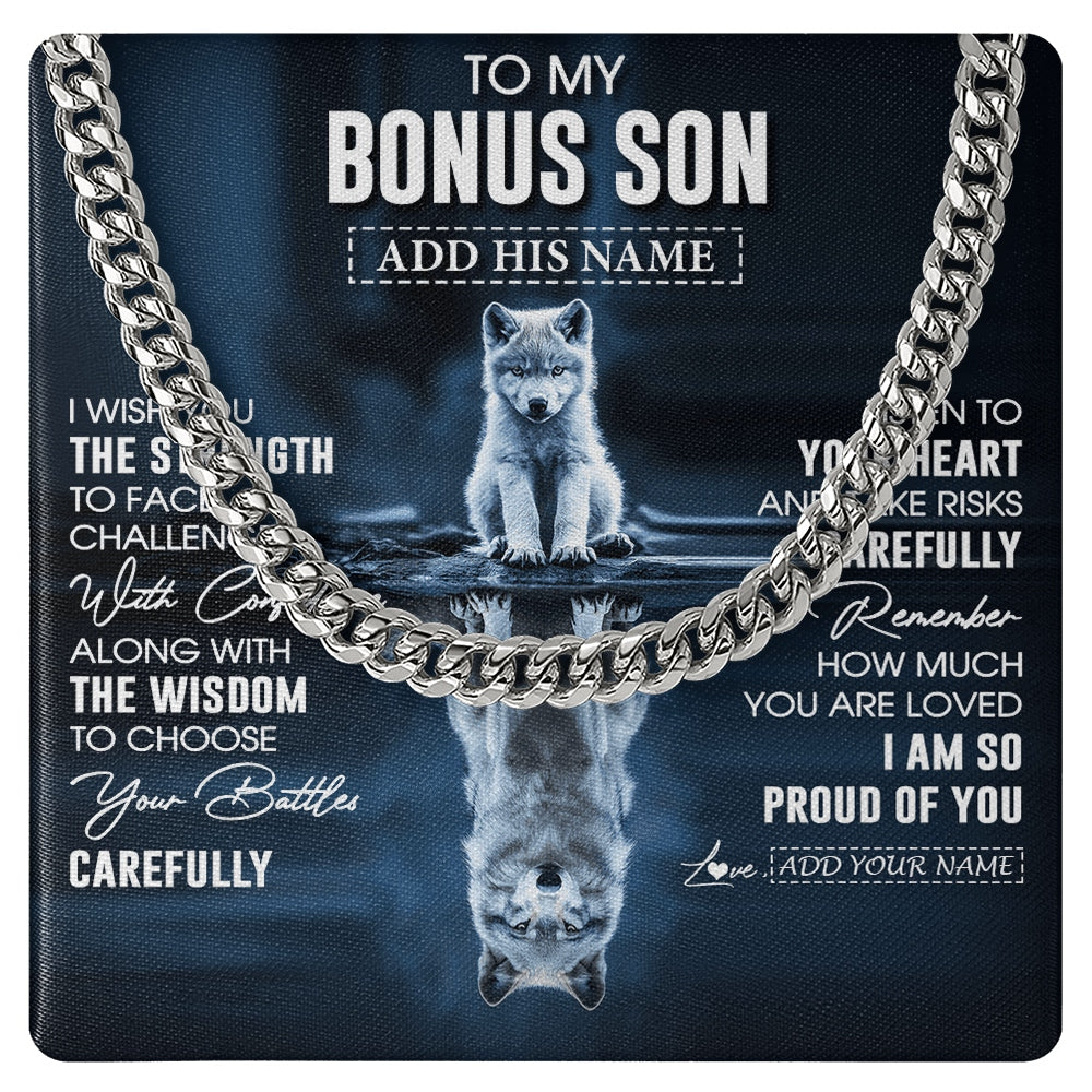 Cuban Link Chain Necklace Stainless Steel | 1 | Personalized To My Bonus Son Gifts Necklace From Stepmom Stepdad I Wish You The Strength Wolf Stepson Birthday Gifts Christmas Graduation Gift Box Message Card | https://siriusteestore.
