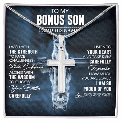 Stainless Cross Necklace Stainless Steel | 1 | Personalized To My Bonus Son Gifts Necklace From Stepmom Stepdad I Wish You The Strength Wolf Stepson Birthday Gifts Christmas Graduation Gift Box Message Card | https://siriusteestore.