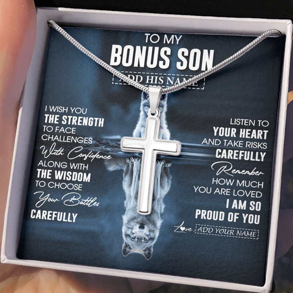 Stainless Cross Necklace Stainless Steel | 2 | Personalized To My Bonus Son Gifts Necklace From Stepmom Stepdad I Wish You The Strength Wolf Stepson Birthday Gifts Christmas Graduation Gift Box Message Card | https://siriusteestore.