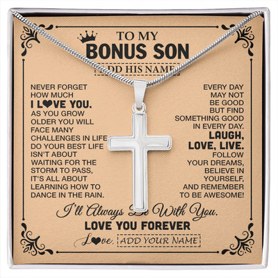 Stainless Cross Necklace Stainless Steel | 1 | Personalized To My Bonus Son Gifts Necklace From Stepmom Stepdad Never Forget How Much I Love You Stepson Birthday Gifts Christmas Gift Box Message Card | https://siriusteestore.
