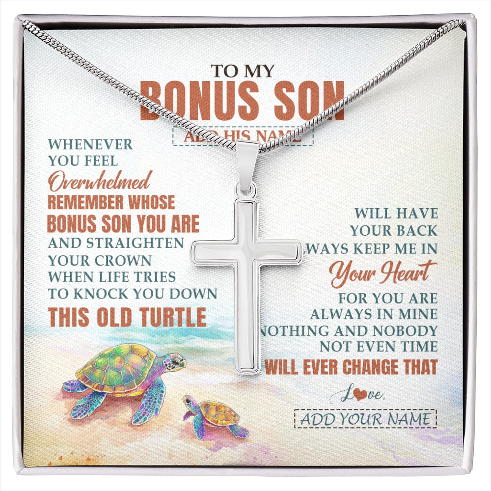 Stainless Cross Necklace Stainless Steel | 1 | Personalized To My Bonus Son Gifts Necklace From Stepmom Stepdad Whenever Turtle Unique Birthday Gifts For Stepson Christmas Custom Gift Box Message Card | https://siriusteestore.